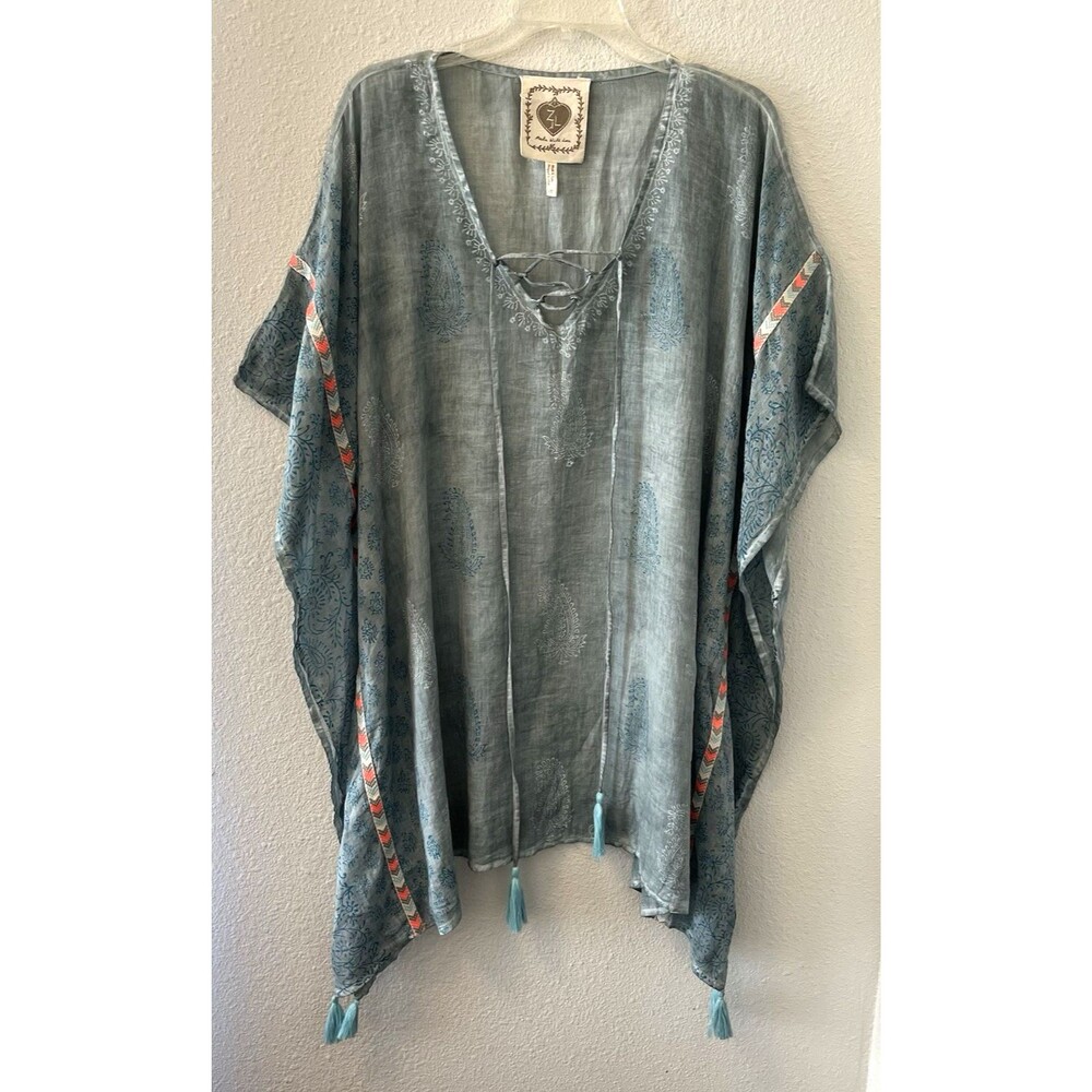 Z&L Europe Caftan Tunic Cover Up Size S/M Blue Embroidered 100% Cotton Pom-Pom